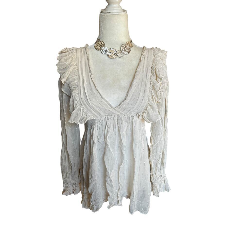 Anthropologie Maeve Cream Ruffle and Metallic Pinstripe Romantic Tunic - Size 00